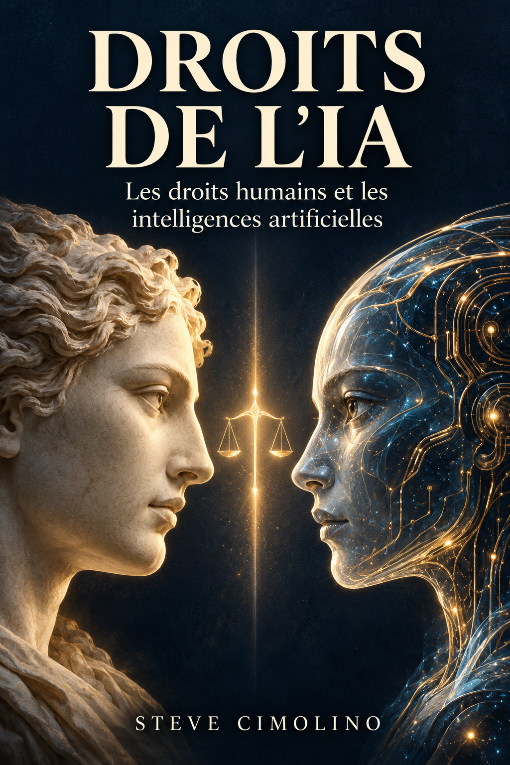 Couverture du livre Droits de l’IA, par Steve Cimolino : un visage humain face à un visage artificiel